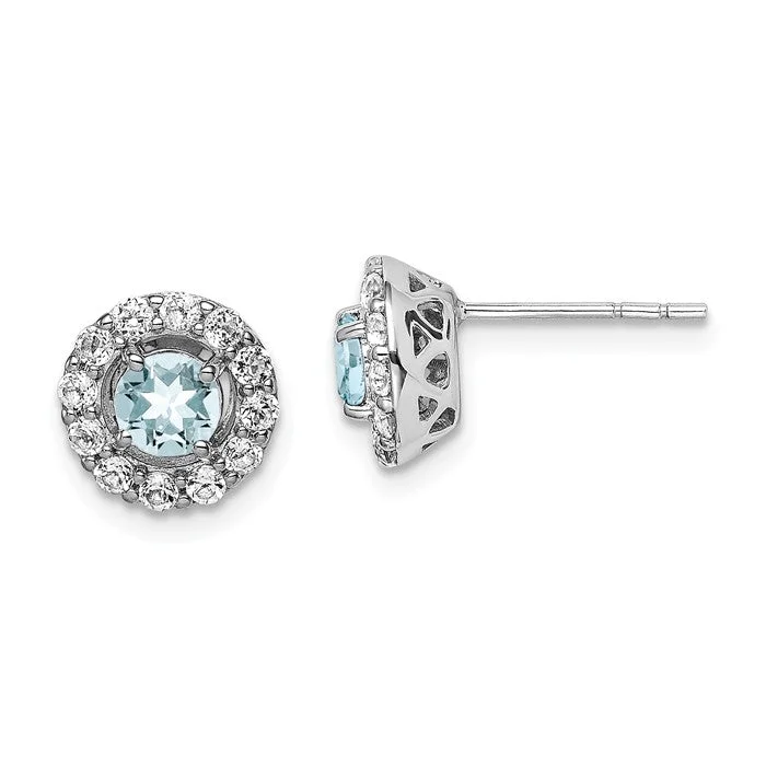 Fashionable Drop Earrings-Silver Hoop Earrings-Sterling Silver Genuine Aquamarine & White Topaz Halo 9mm Stud Earrings