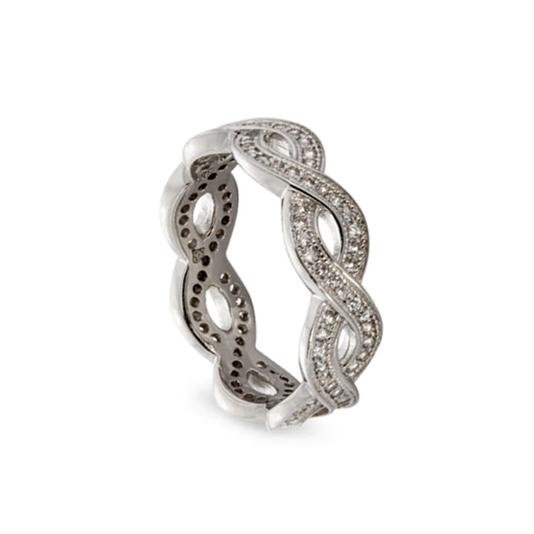 EnamelRings-Platinum Finish Sterling Silver Micropave Twisted Ring with 104 Simulated Diamonds