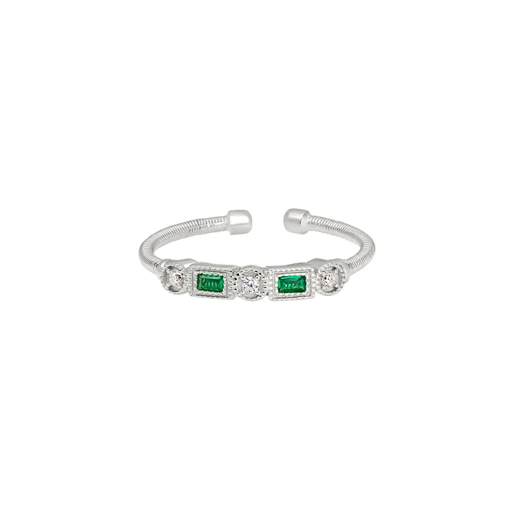 EternityRings-Rhodium Finish Sterling Silver Cable Cuff Ring with Simulated Emeralds and Simulated Diamonds