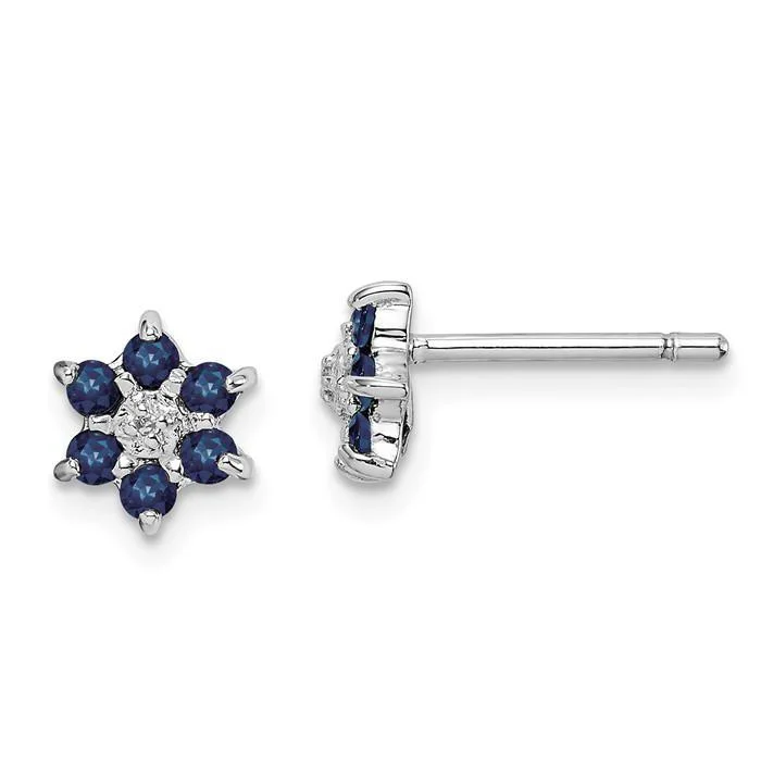 Metal Earrings-Long Earrings-Sterling Silver Genuine Blue Sapphire And Diamond 6mm Flower Post Earrings