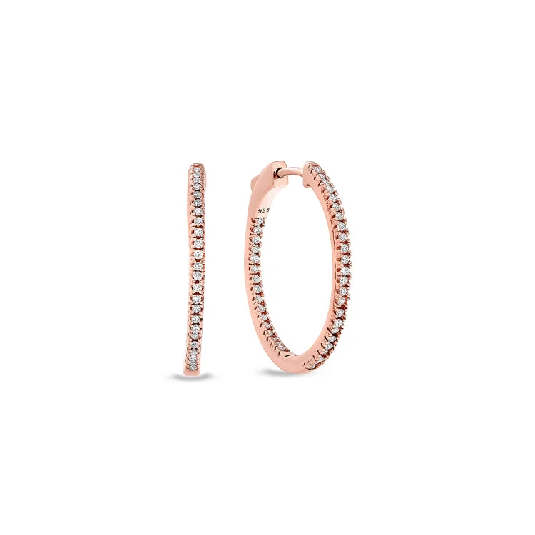 Simple Stud Earrings-High Fashion Earrings-Rose Gold Finish Sterling Silver Micropave Inside Out Medium Hoop Earrings with Simulated Diamonds