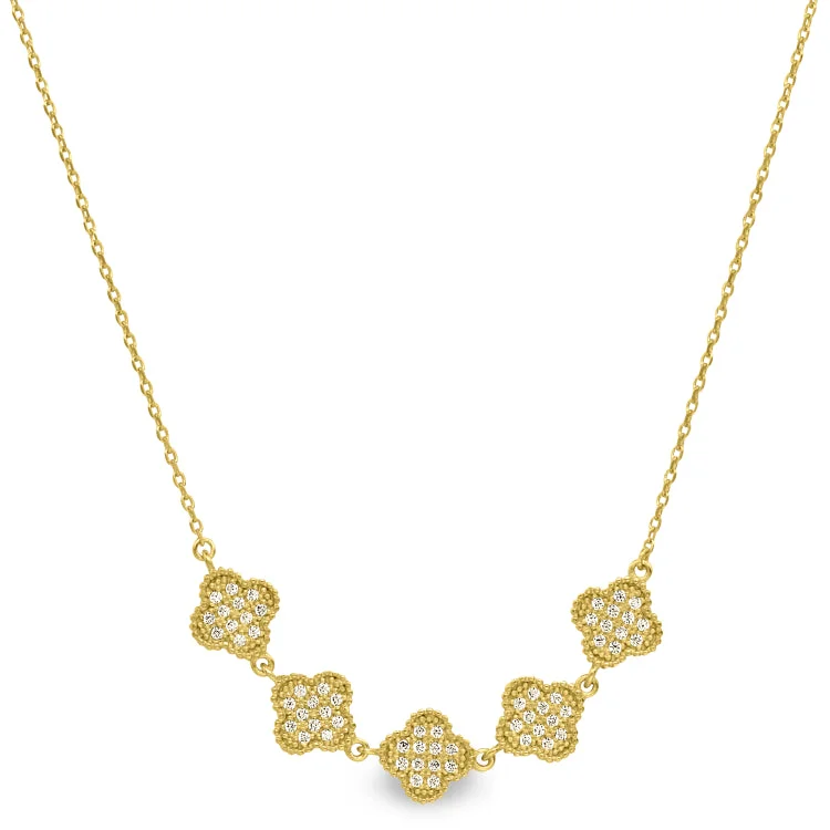 Geometric Shape Necklaces-Gold Finish Sterling Silver Micropave Five Clover Necklace with Simulated Diamonds on 16"-18" Adjustable Chain