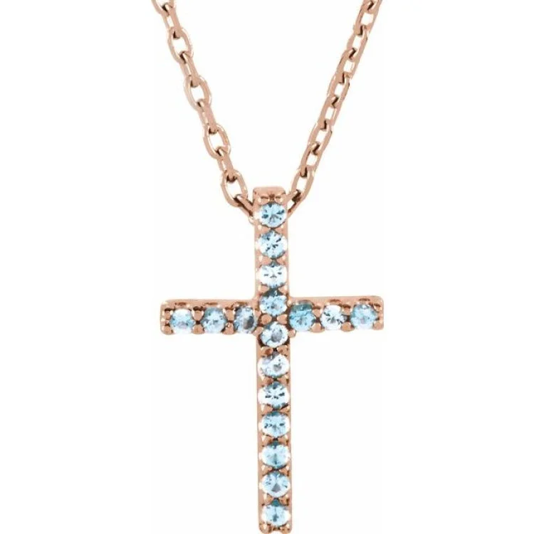 Modern Silver Necklaces-14K Rose Natural Aquamarine Petite Cross 16" Necklace