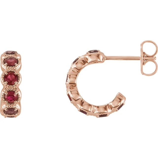 Pink Earrings-Small Dangle Earrings-14KT GOLD 1.26 CTW ROUND RUBY J HOOP EARRINGS