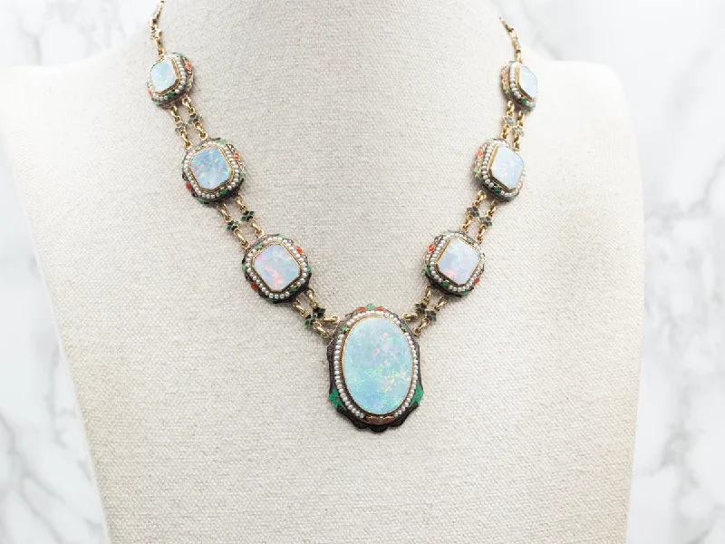 Double Pendant Necklaces-Rare Early 1900's Opal Seed Pearl and Enamel Necklace