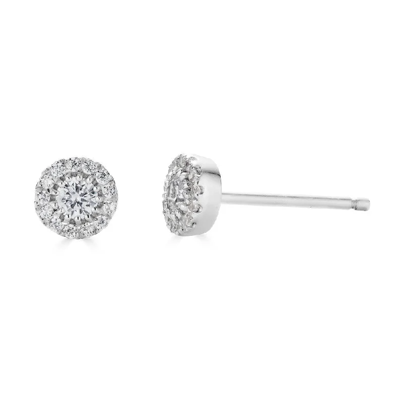 Handcrafted Drop Earrings-Zodiac Earrings-EMILIQUE 14 KARAT WHITE GOLD 1/4 CARAT TOTAL WEIGHT ROUND DIAMOND HALO EARRINGS