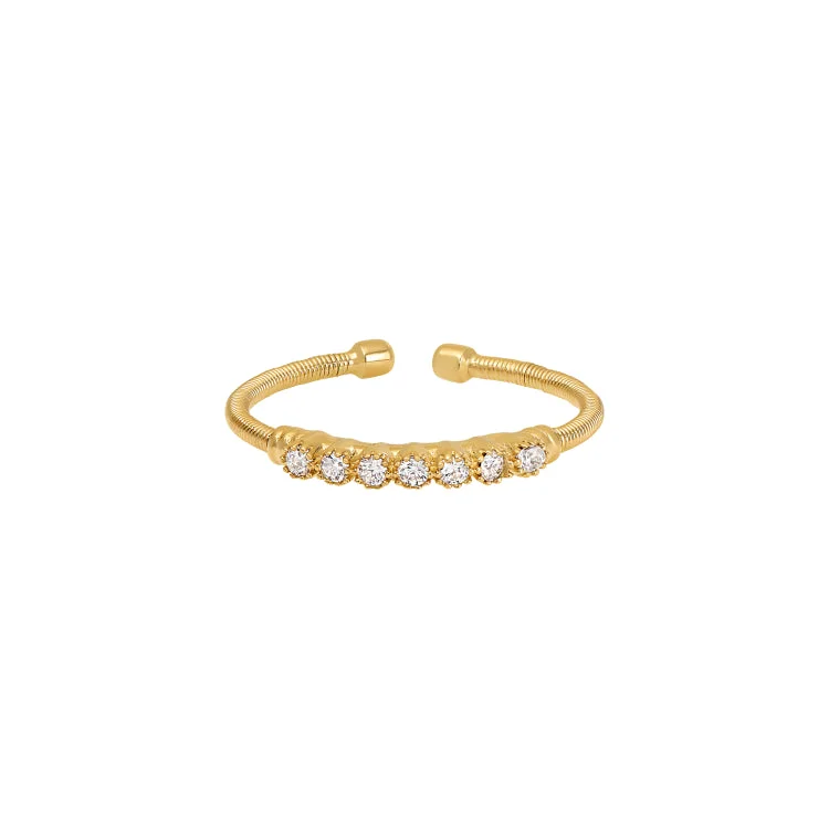 InitialRings-Gold Finish Sterling Silver Cable Cuff Ring with Beaded Bezel Set Simulated Diamonds