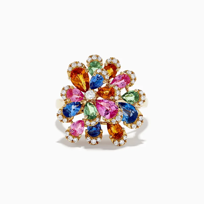 EnergyRings-Watercolors 14K Gold Multi Sapphire and Diamond Flower Ring