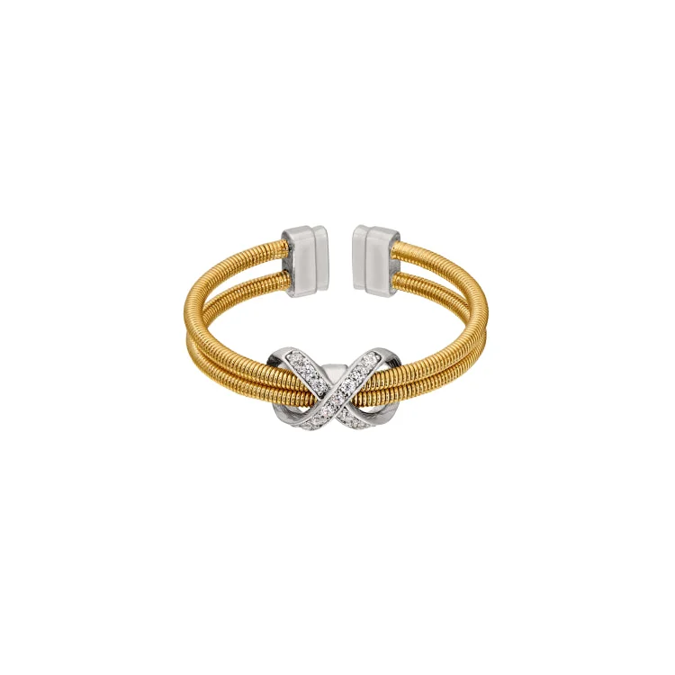 TropicalRings-Gold Finish Sterling Silver Two Cable Cuff Ring with Rhodium Finish Simulated Diamond Infinity