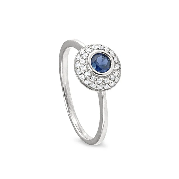 VintageRings-Platinum Finish Sterling Silver Micropave Ring with Synthetic Blue Sapphire and Simulated Diamonds