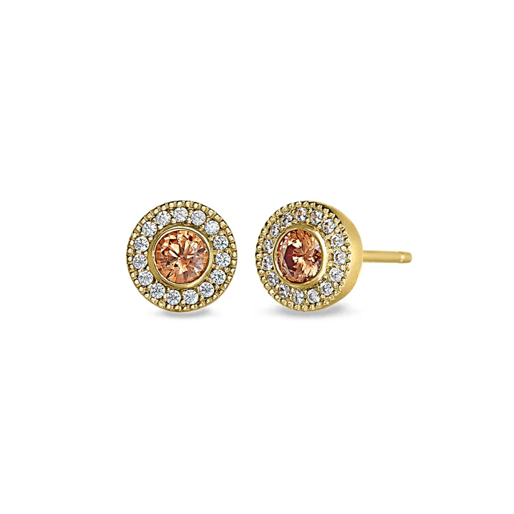 Gemstone Earrings-Iridescent Earrings-Gold Finish Sterling Silver Micropave Round Simulated Citrine Earrings with Simulated Diamonds