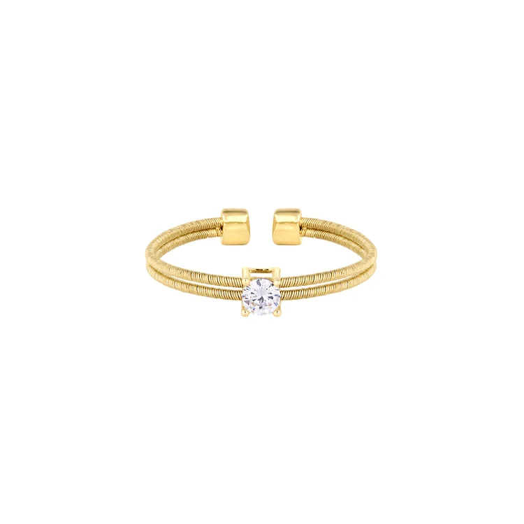 AdultRings-Gold Finish Sterling Silver Two Cable Cuff Ring with a Solitaire Simmulated Diamond