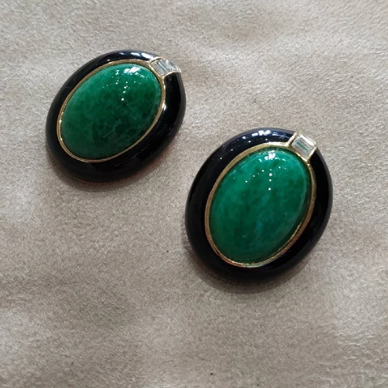 Round Drop Earrings-Minimalist Stud Earrings-Ciner Vintage Earrings Green / black  Clip On