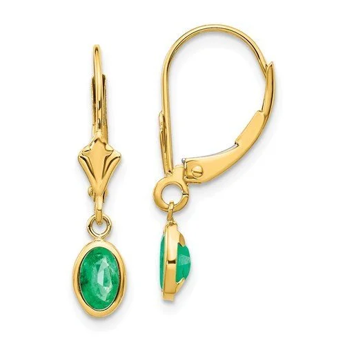 Smooth Earrings-Pearl Earrings-14KT YELLOW GOLD 1.00 CTW OVAL SHAPE EMERALD DROP EARRINGS