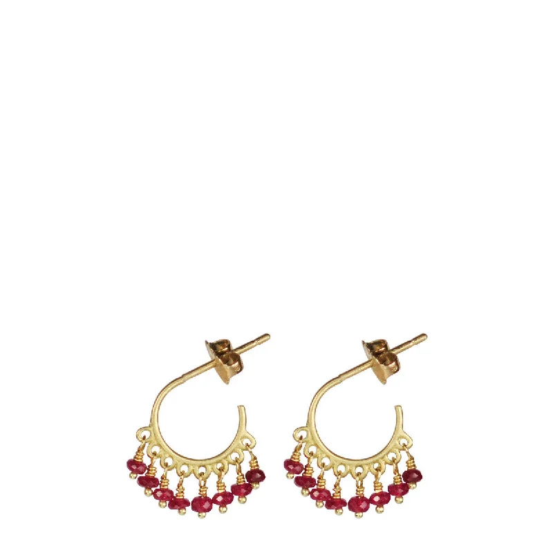 Polished Earrings-Simple Drop Earrings-18K Gold Small Fine Ruby Beaded Hoop Earrings