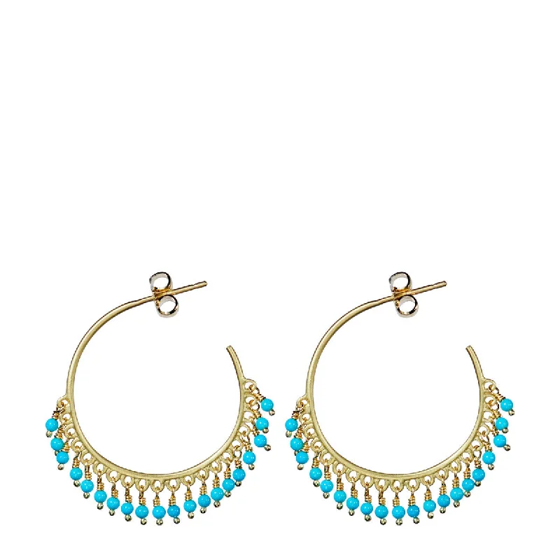 Elegant Earrings for Women-Vintage Silver Earrings-18K Gold Medium Fine Turquoise Beaded Hoop Earrings