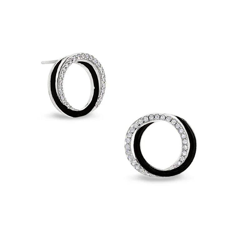 Luxury Diamond Earrings-Drop Earrings for Evening Wear-Platinum Finish Sterling Silver Micropave Double Open Circle Earrings with Black Enamel and Simulated Diamonds