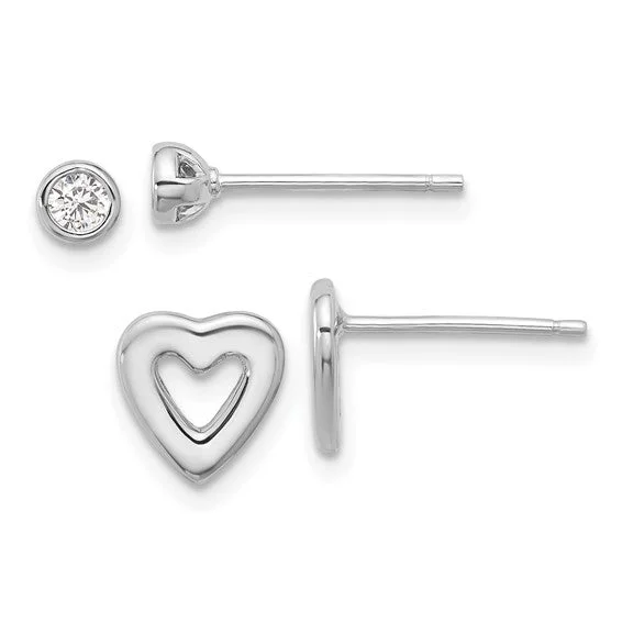 Feminine Earrings-Luxury Earrings-Sterling Silver Round CZ and Heart Post Earrings Set