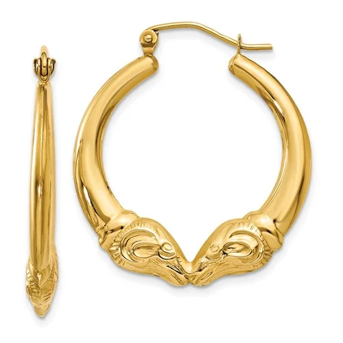 High Fashion Earrings-Light Gold Earrings-14KT YELLOW GOLD RAMS HEAD HOOP EARRINGS