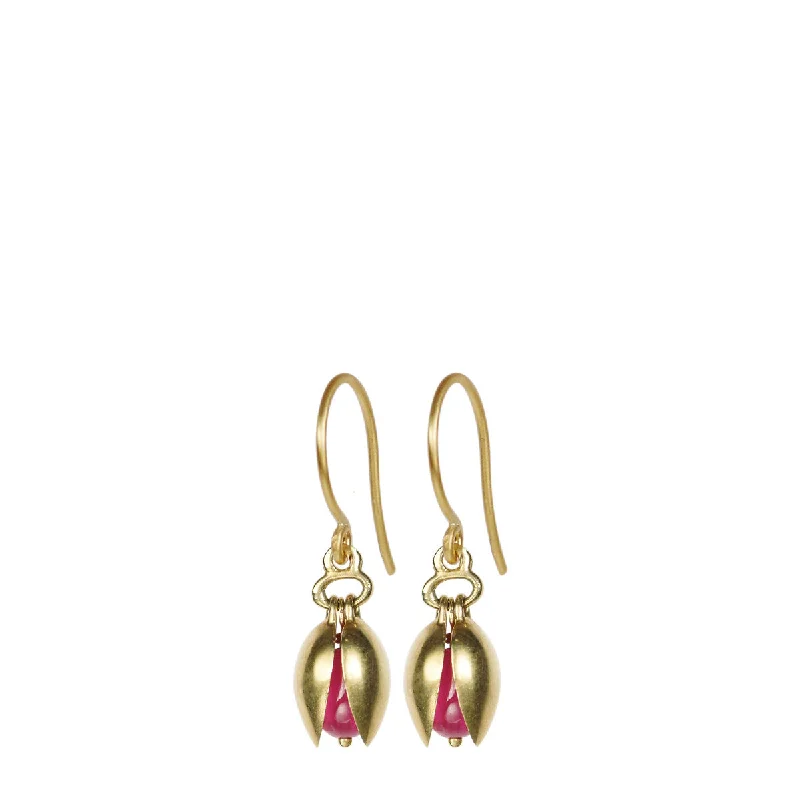 Holiday Hoop Earrings-Geometric Dangle Earrings-18K Gold Small Pod Earrings with Rubies