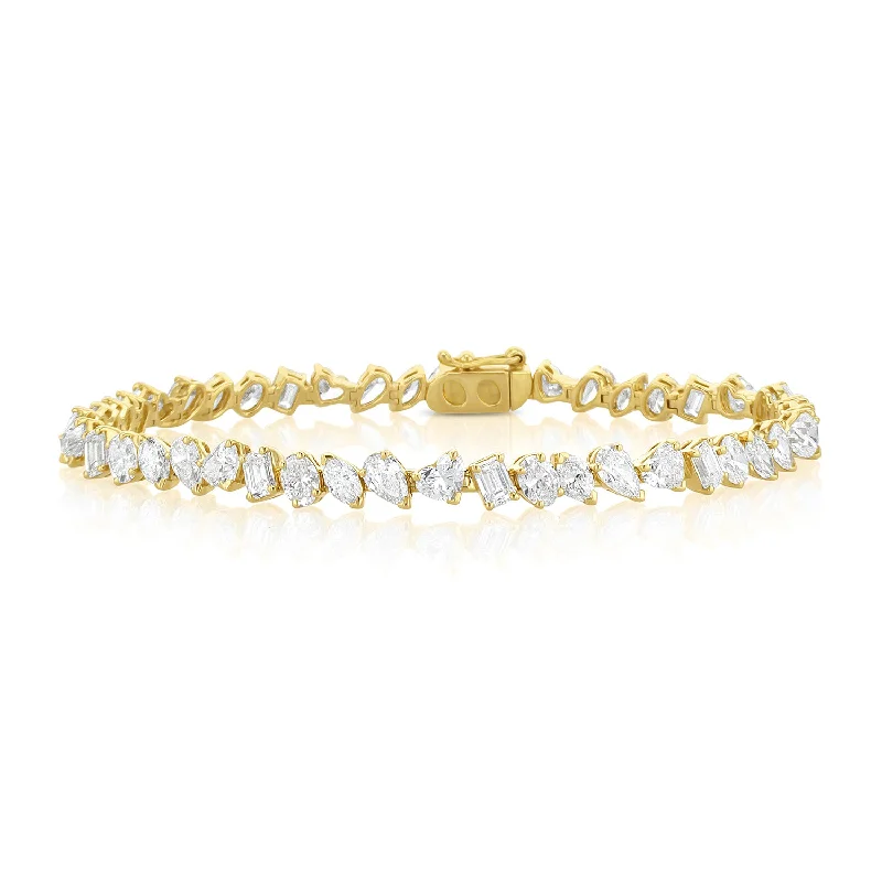 SilverBracelets-9.15 Carat Mixed Fancy Shape Diamond Line Bracelet set in 18K Yellow Gold