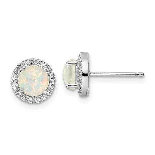 Gemstone Earrings for Weddings-Diamond Stud Earrings-Sterling Silver Round White Created Opal And CZ Halo Post Earrings