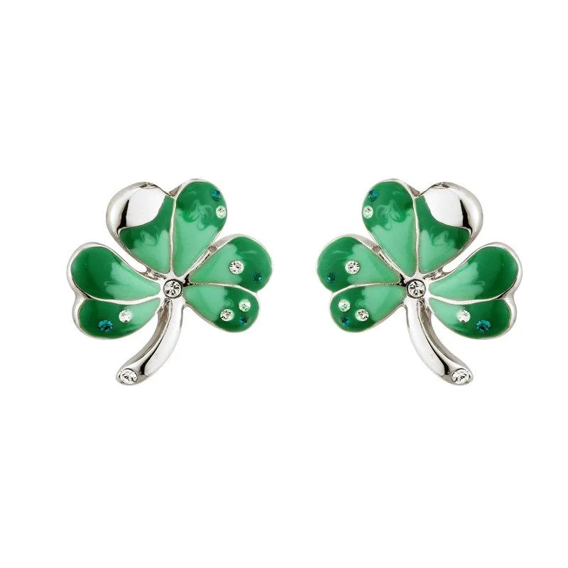 Evening Earrings-Sparkling Earrings-Solvar Rhodium Enamel & Crystal Shamrock Studs S3101