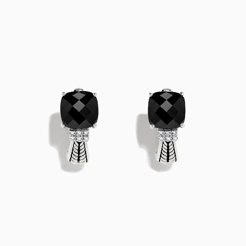 Colorful Drop Hoop Earrings-Holiday Earrings-925 Sterling Silver Onyx and Diamond Earrings, 3.49 TCW