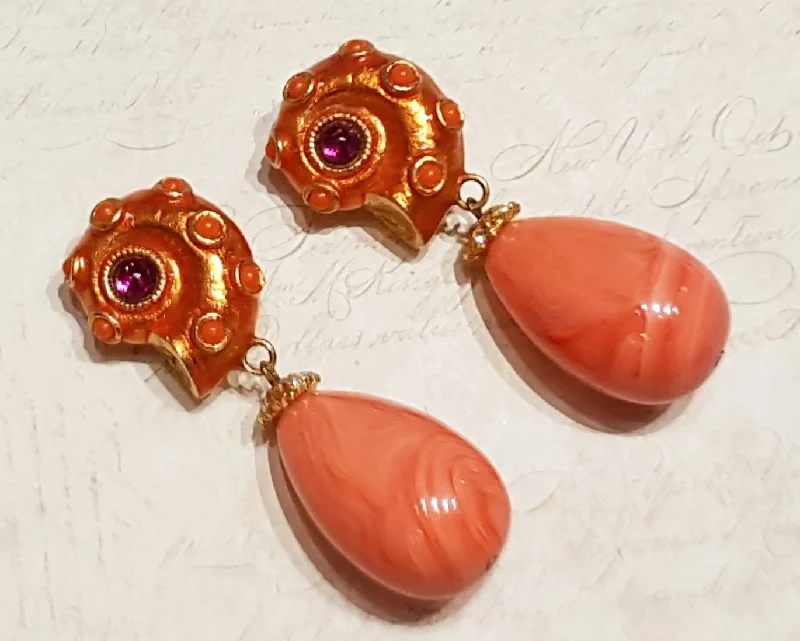 Gold Earrings for Birthday-Customised Earrings-Yosca Seahsell Earrings Clip on Pink Coral Orange Chandelier Vintage