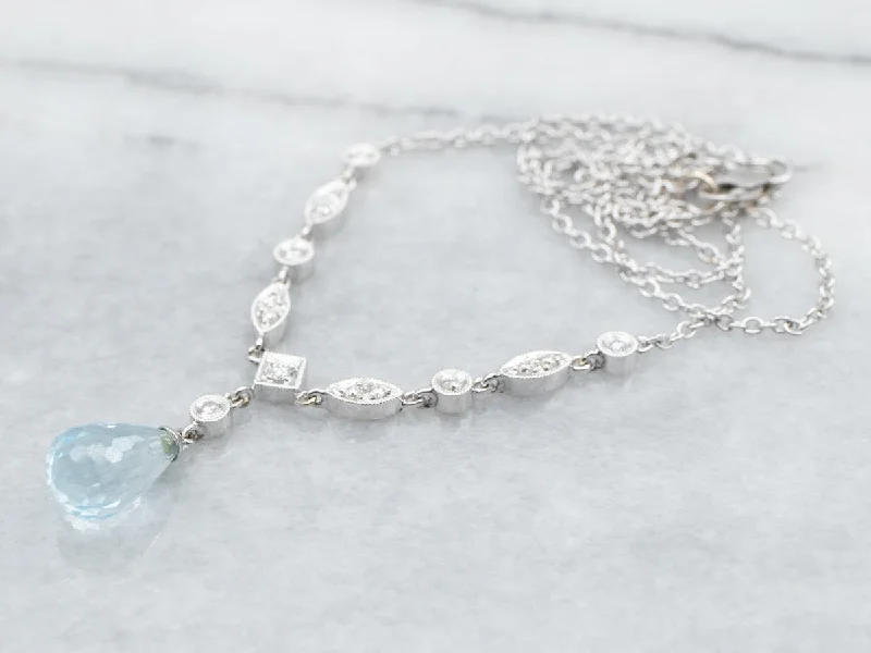 Triple Layer Necklaces for Women-White Gold Blue Topaz Briolette Necklace with Diamond Accents