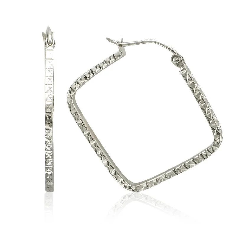 Earrings with Gemstones-Floral Drop Earrings-14KT WHITE GOLD SQUARE DIAMOND CUT HOOP EARRINGS