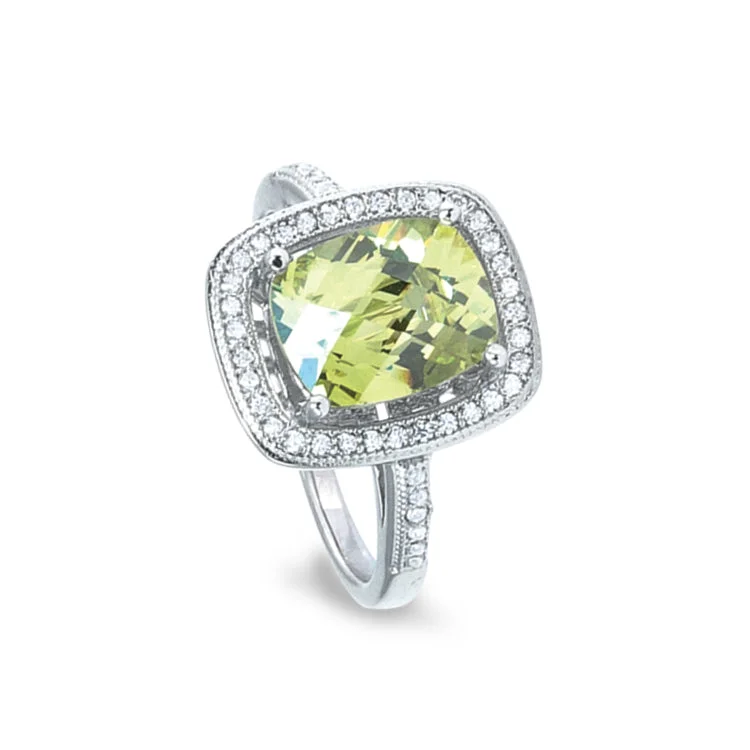 EnamelRings-Platinum Finish Sterling Silver Micropave Ring with Simulated Peridot and Simulated Diamonds