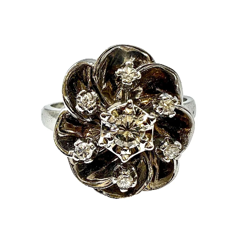 MemorialRings-14K  White Gold Flower Shaped Ring with Diamond