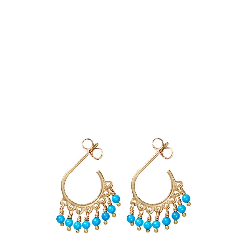 High-End Earrings-Unique Stud Earrings-10K Gold Small Fine Turquoise Beaded Hoop Earrings