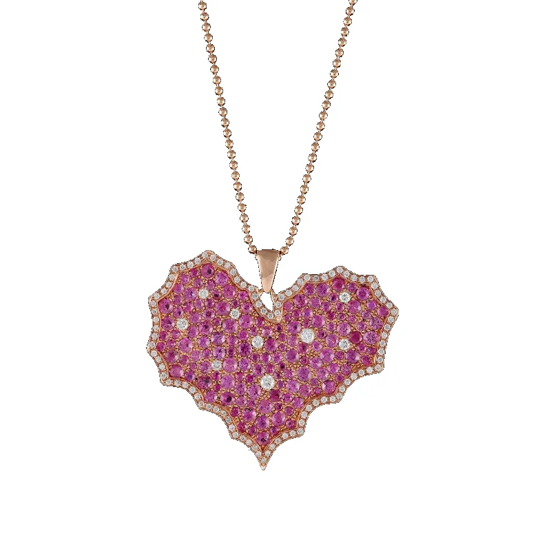 Leather Necklace with Pendant-Wavy Ruby Diamond Heart Necklace