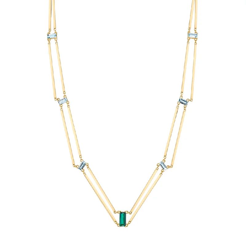 Classic Silver Necklaces-Aquamarine and Tourmaline Railway Necklace