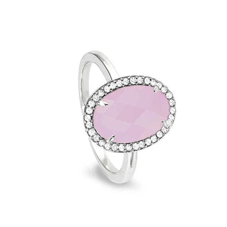 GlobeRings-Platinum Finish Sterling Silver Micropave Facet Cut Rose Quartz Ring with Simulated Diamonds