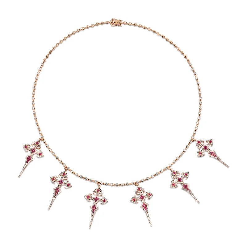 Trendy Necklaces for Teens-Multiple Cross Ruby Diamond Necklace