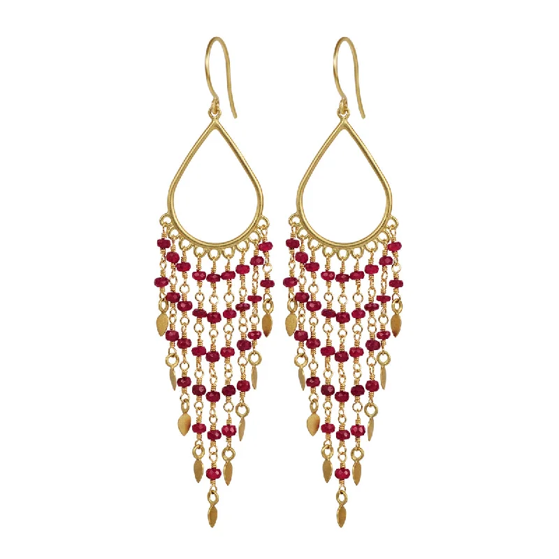 Art Deco Earrings-Colorful Drop Earrings-18k Gold Teardrop Ruby Fringe Earrings