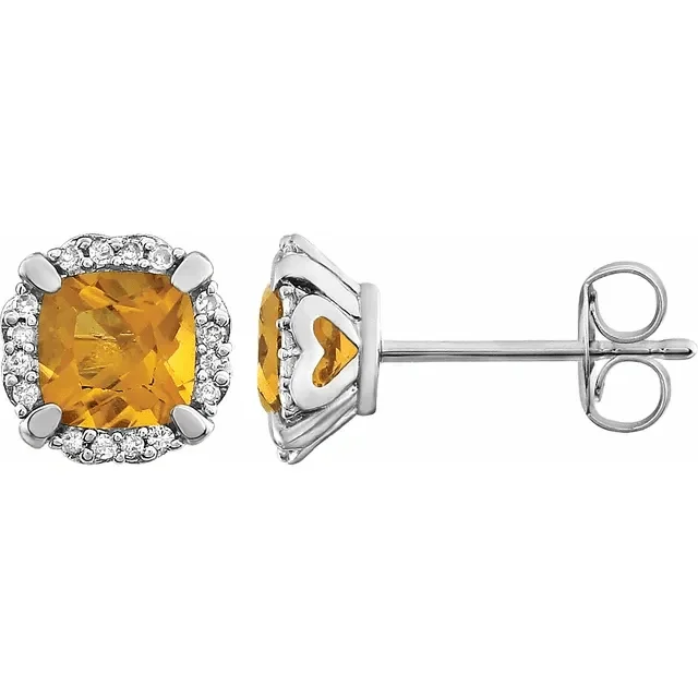 Fashion Earrings-Color Changing Earrings-14KT WHITE GOLD 1 CTW CITRINE & 1/10 CTW DIAMOND CUSHION HALO EARRINGS