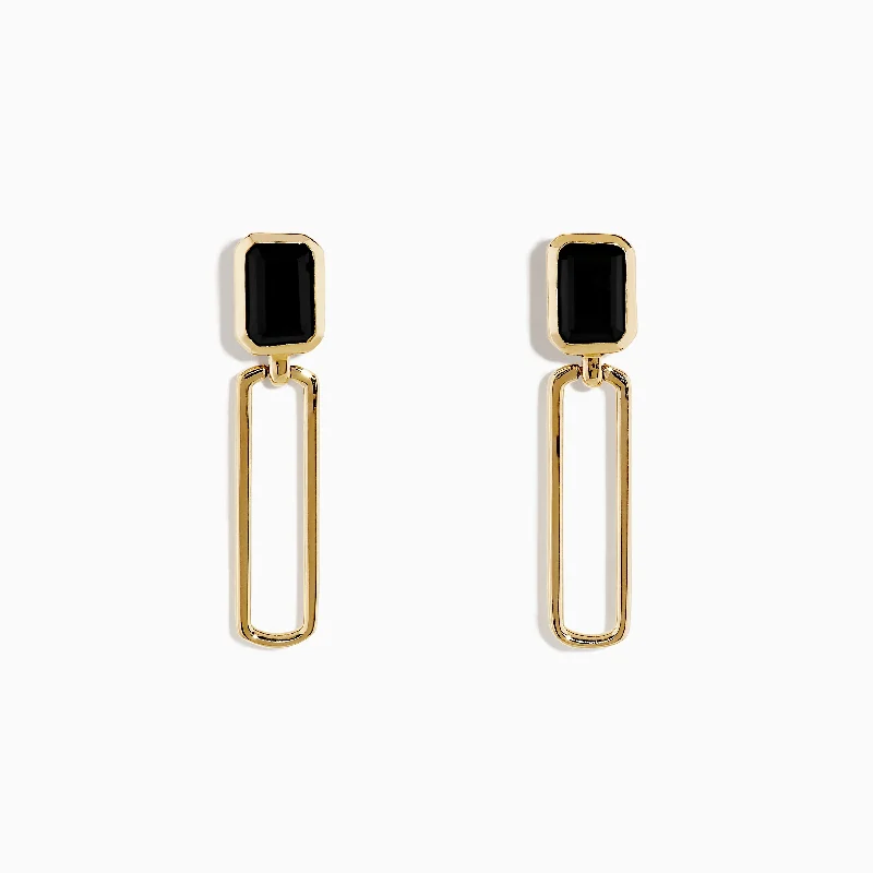 Elegant Hoop Earrings for Brides-Ethnic Earrings-14K Yellow Gold Onyx Paperclip Drop Earrings