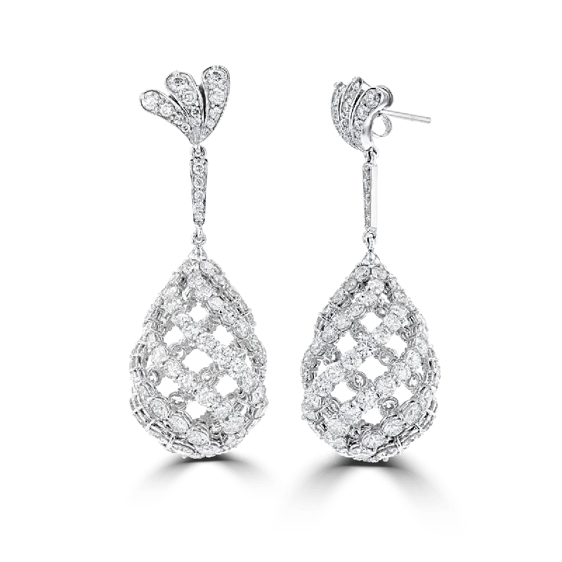 Casual Earrings-Silver Stud Earrings for Weddings-18KT White Gold 12.56 CTW Pave Diamond 3D Pear Shape Drop Earrings