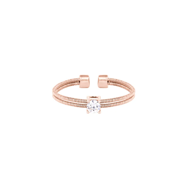 PetRings-Rose Gold Finish Sterling Silver Two Cable Cuff Ring with a Solitaire Simmulated Diamond