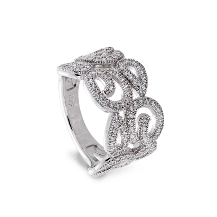 ChakraRings-Platinum Finish Sterling Silver Micropave Swirl Ring with 126 Simulated Diamonds