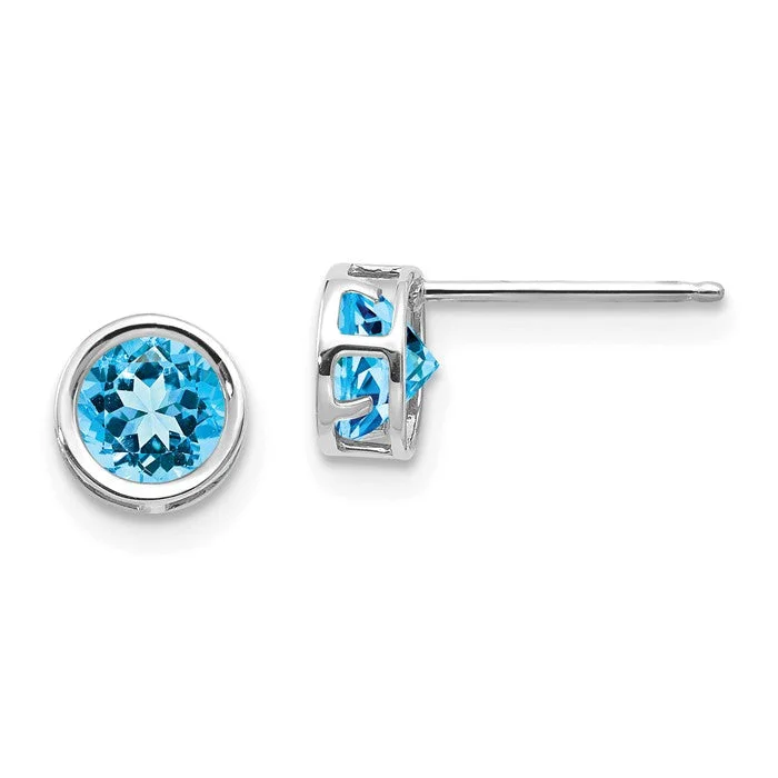 Sparkly Stud Earrings-Retro Earrings-14k White Gold 5mm Round Swiss Blue Topaz Bezel Set Earrings