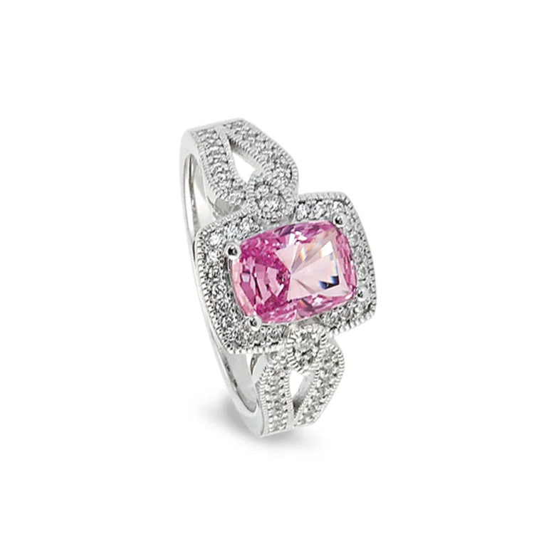 ClusterRings-Platinum Finish Sterling Silver Micropave Ring with Simulated Pink Ruby and Simulated Diamonds