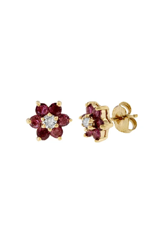 Silver Stud Earrings for Weddings-Square Drop Earrings-14K Yellow Gold Ruby and Diamond Flower Stud Earrings