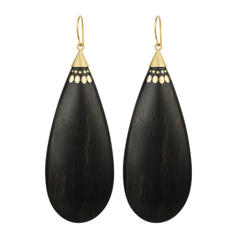 Clip Earrings for Non-Pierced Ears-Plain Earrings-18K Gold Large Ebony Teardrop Earrings