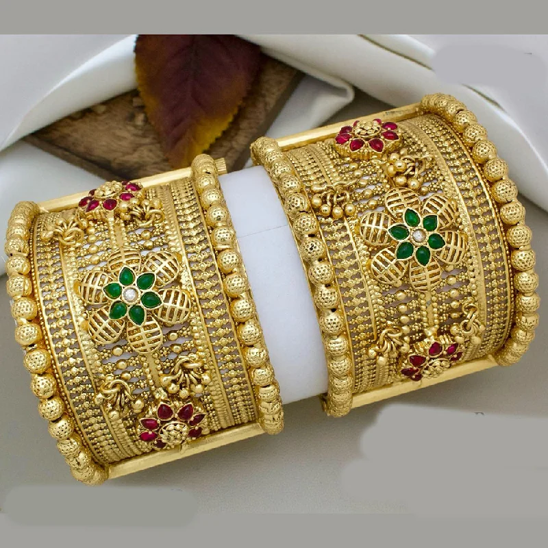 Gold Plated Bangles For Affordable Luxury-JCM Gold Plated Pota Stone And Pearls Openable Bangles Set