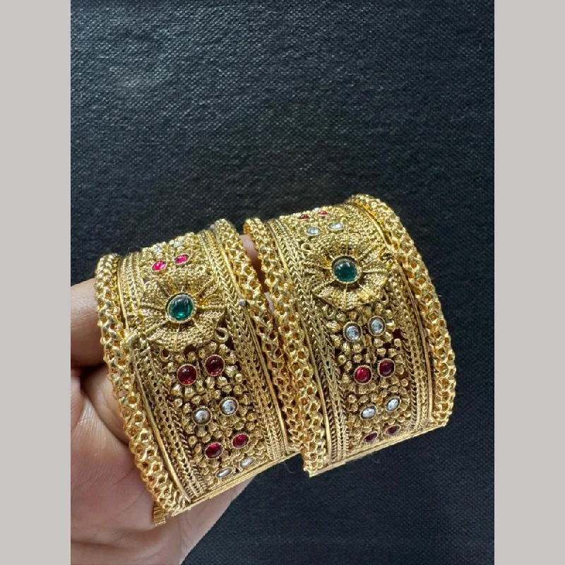 Customizable Bangles For Gifts-FS Collections Gold Plated Pota Stone Openable Bangles Set